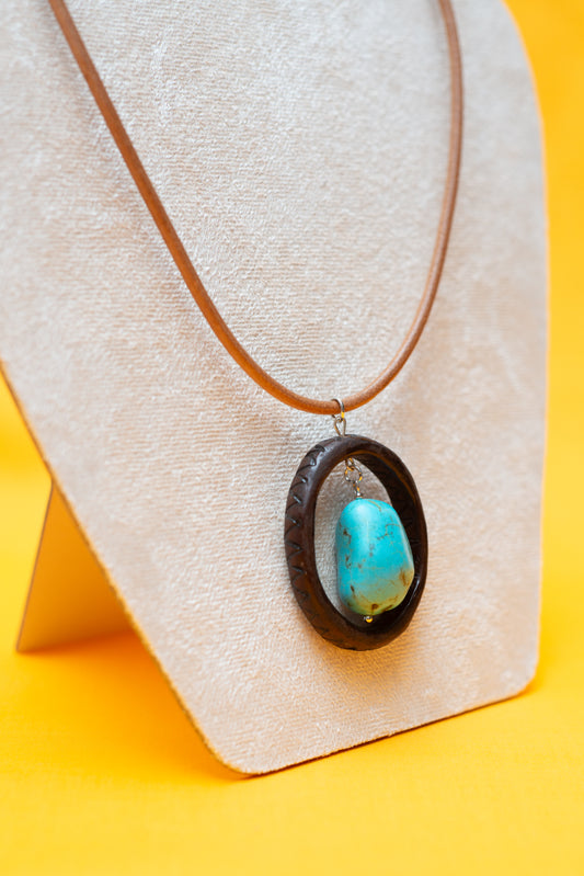 Leather Choker - w/ hand carved wooden ring pendant