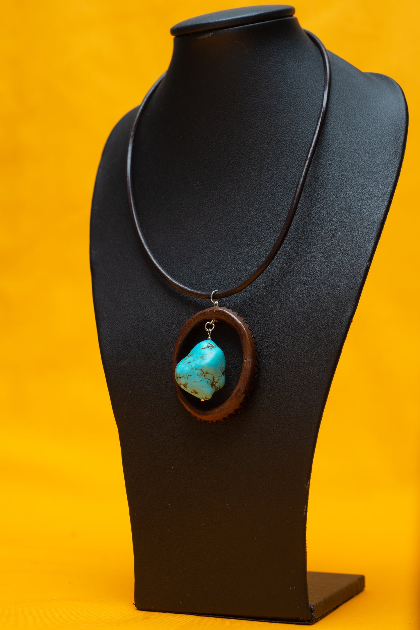 Leather Choker - w/ hand carved wooden ring pendant