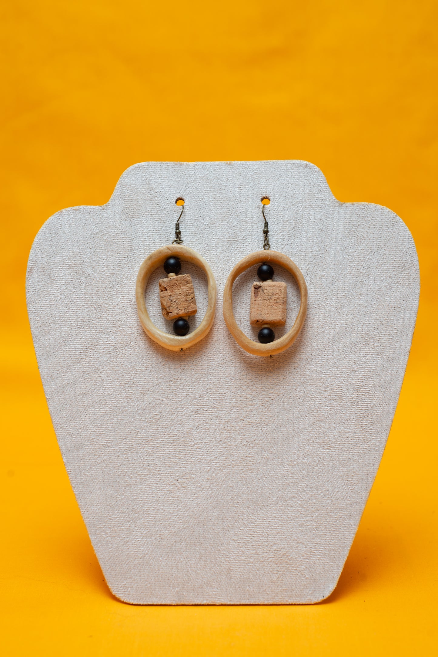 Wooden hoop and cork earrings - Black Bead and cork center