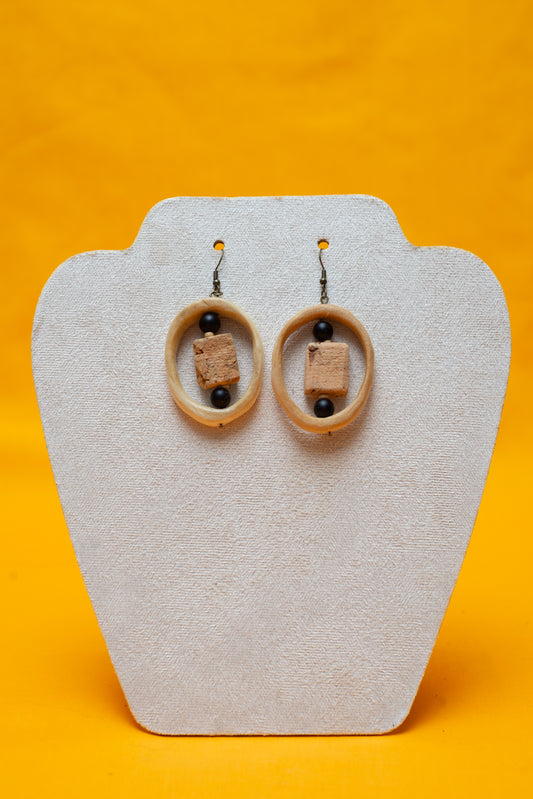 Wooden hoop and cork earrings - Black Bead and cork center