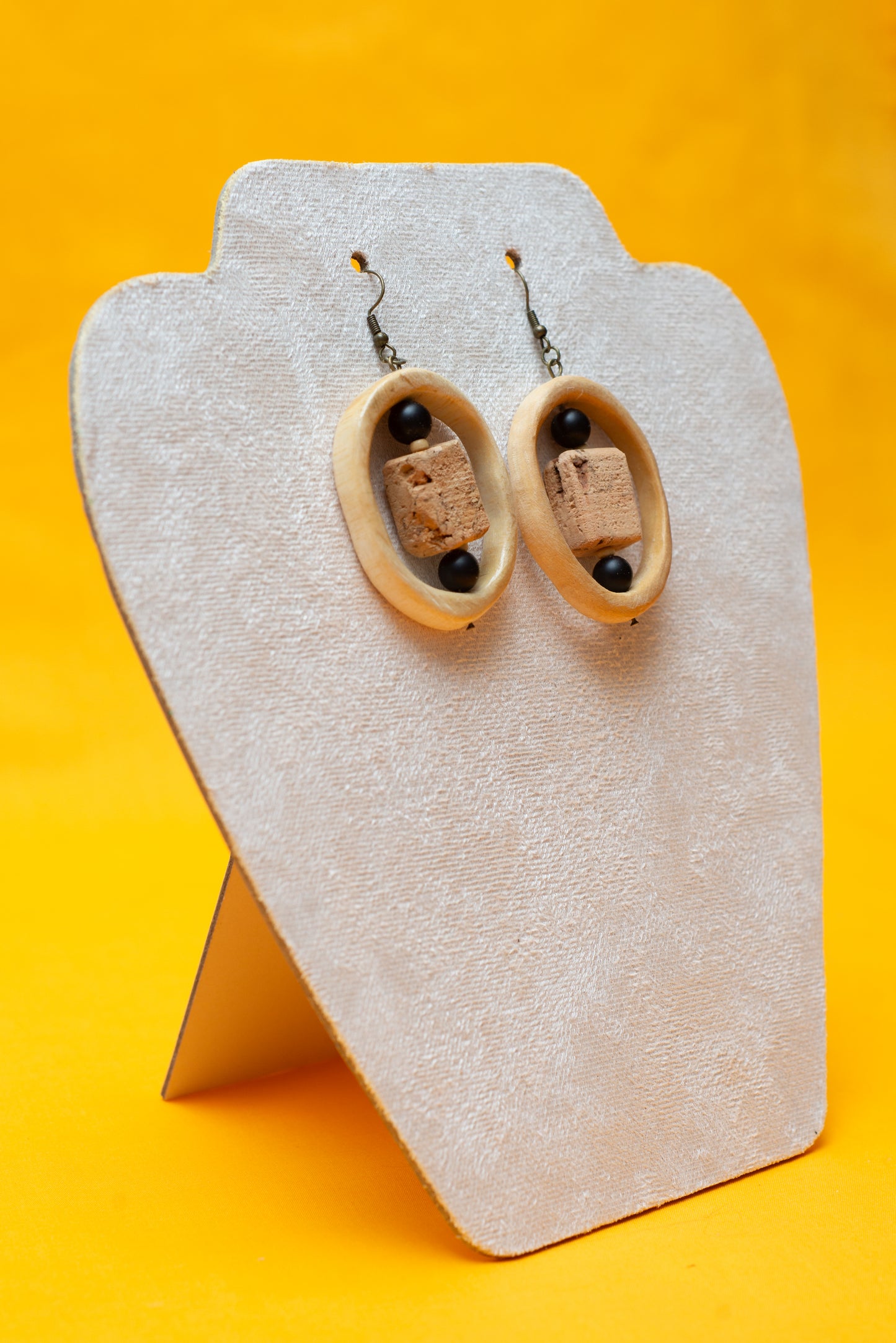 Wooden hoop and cork earrings - Black Bead and cork center