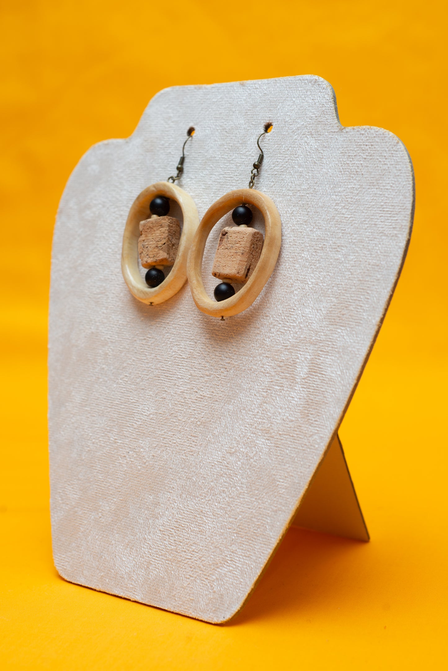 Wooden hoop and cork earrings - Black Bead and cork center